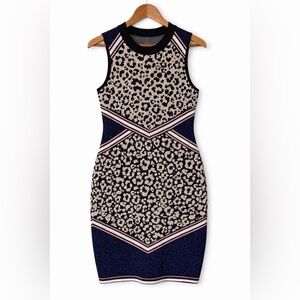 Vince Camuto Sleeveless Leopard Print Sweater Dress Size M Black Beige Blue Knit